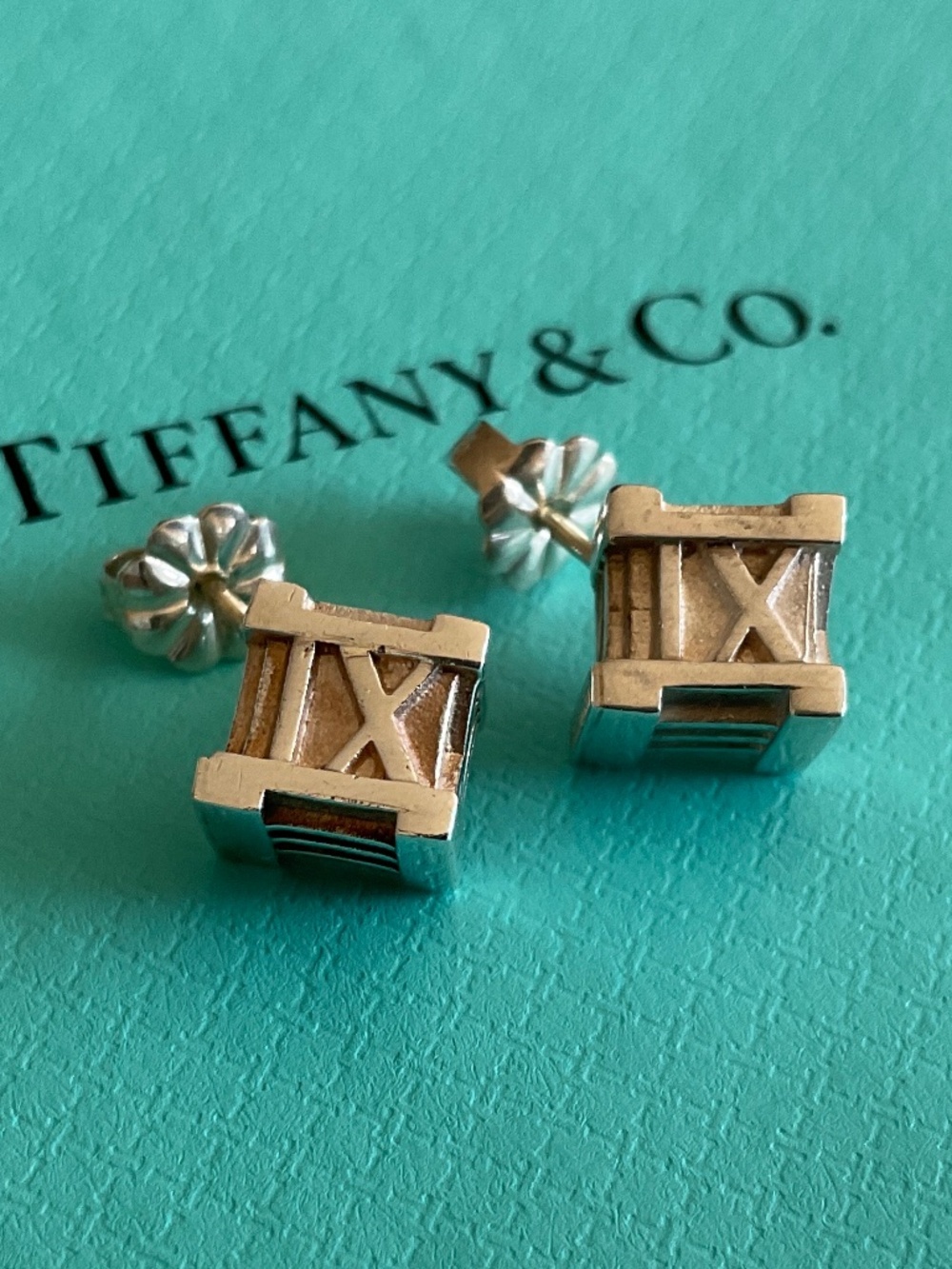 Tiffany & Co. Sterling Silver Roman Numeral IX Stud Earrings on Tiffany Blue